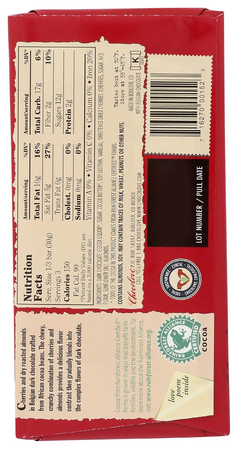 Chocolove Bar 55% Dark Cherries & Almonds, 3.2 oz.