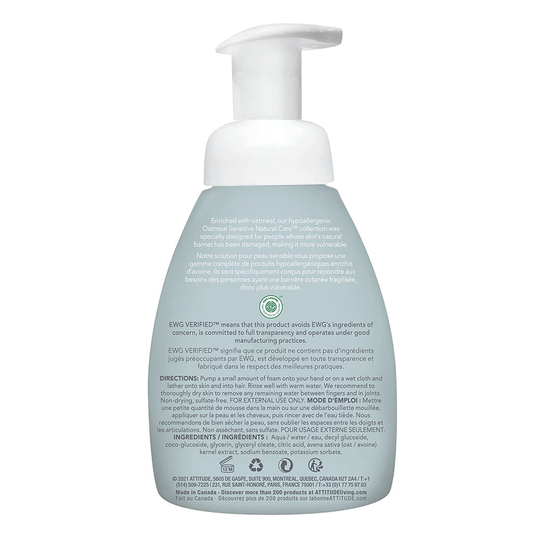 Attitude Baby Hair And Body Foaming Wash, Unscented, 8.4 Fl Oz