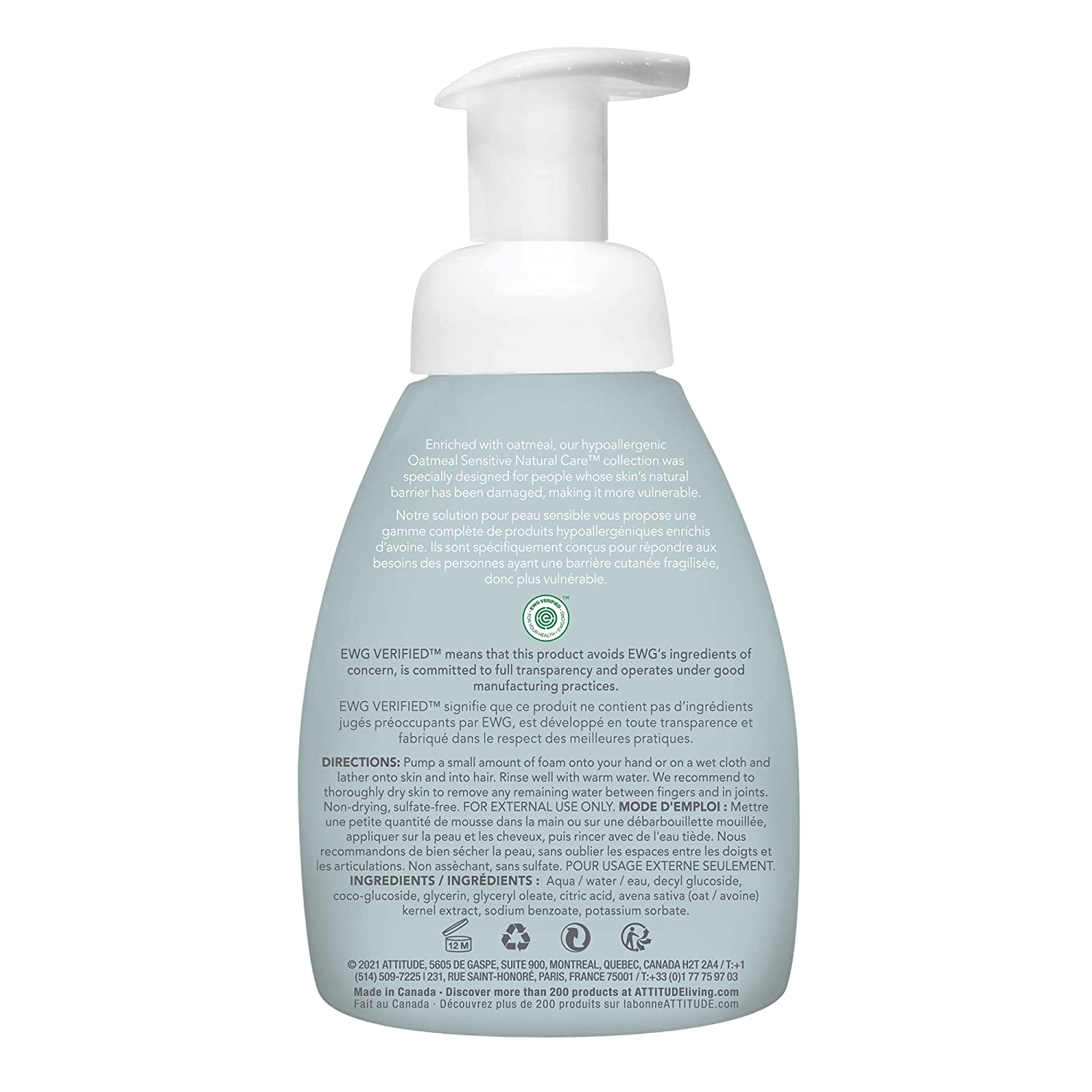 Attitude Baby Hair And Body Foaming Wash, Unscented, 8.4 Fl Oz