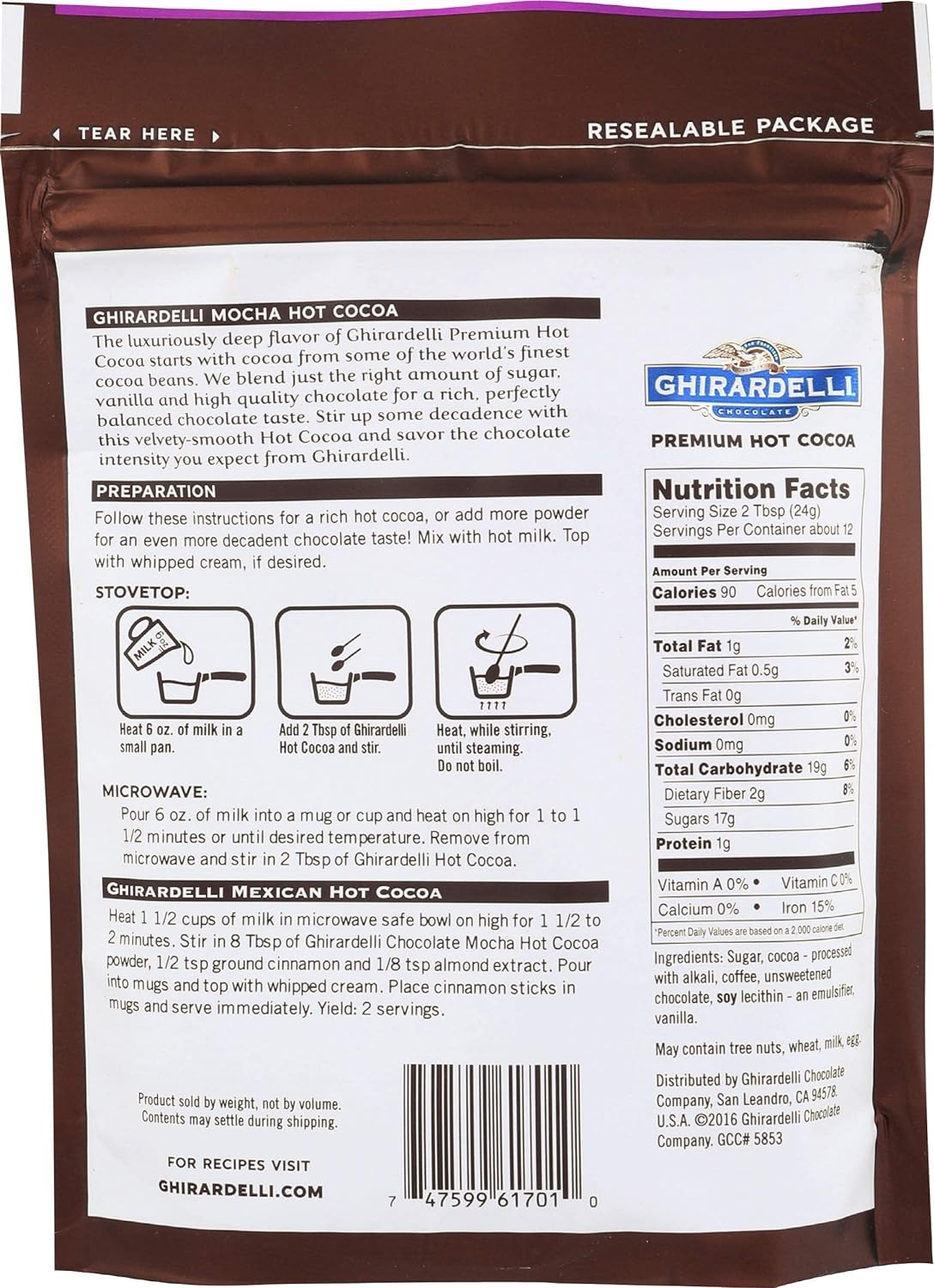 Ghirardelli Hot Chocolate Stand Up Pouch Mocha 10.5 Oz