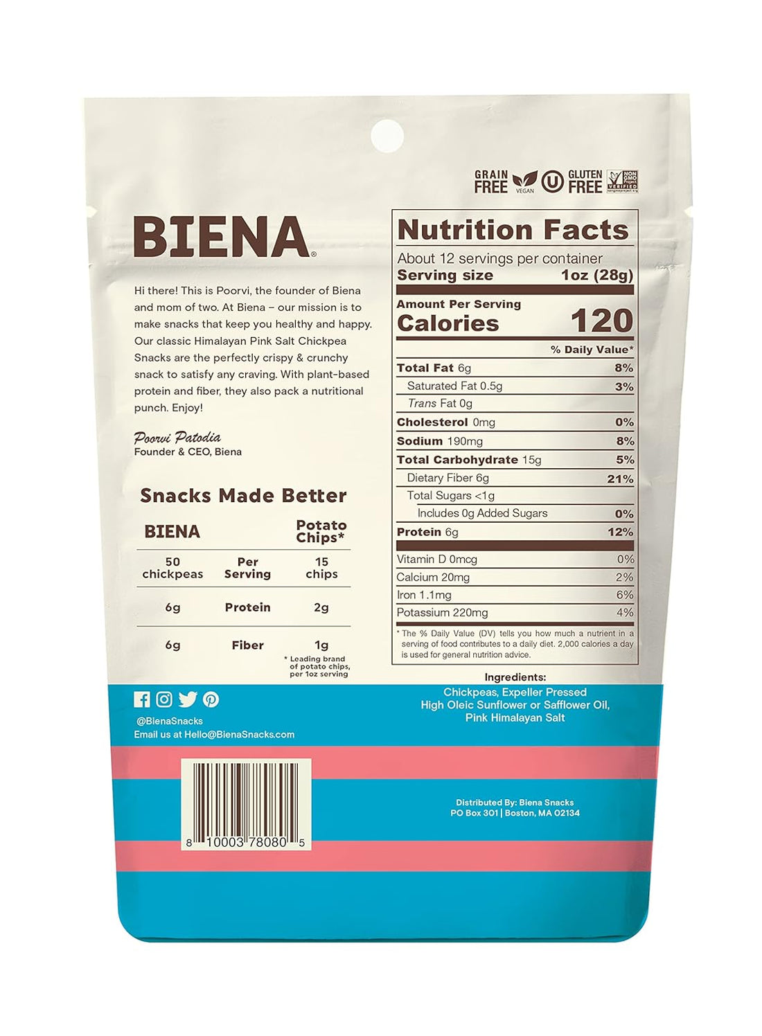 Biena Chickpeas Roasted Himalayan Pink Salt , 12OZ