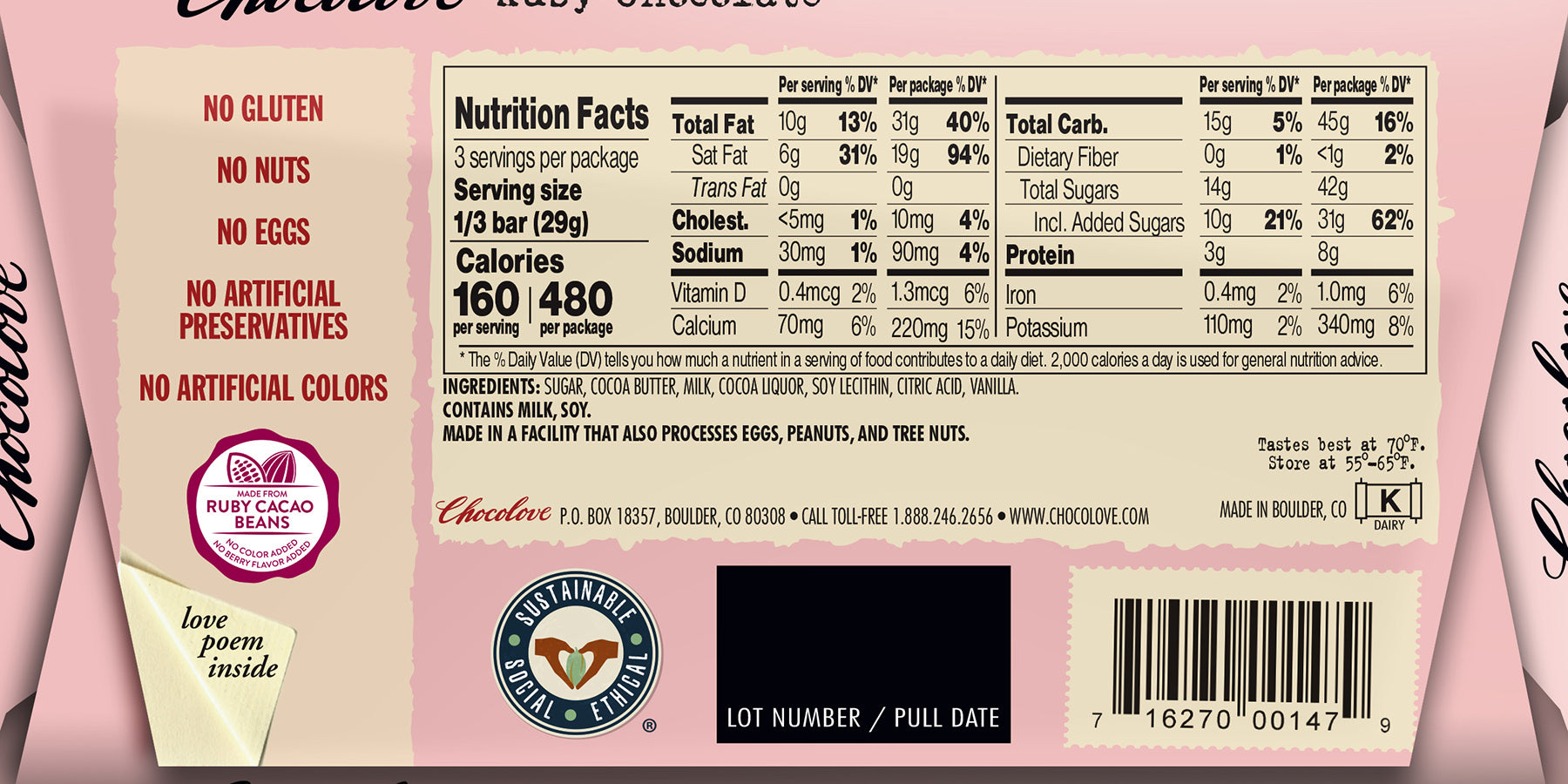 Chocolove Ruby Cacao bar ,3.1 oz