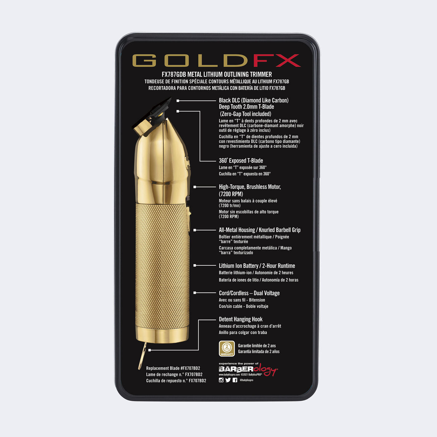 BaByliss PRO Trimmer FX787G GOLDFX Skeleton Outlining T-Blade Back Packaging
