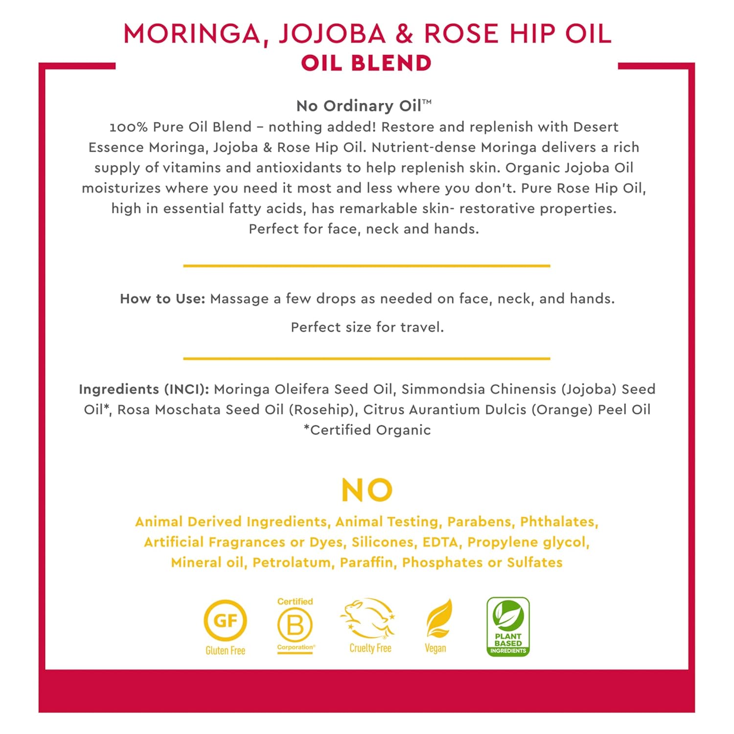 Desert Essence Moringa Jojoba Rosehip Oil 2 oz.