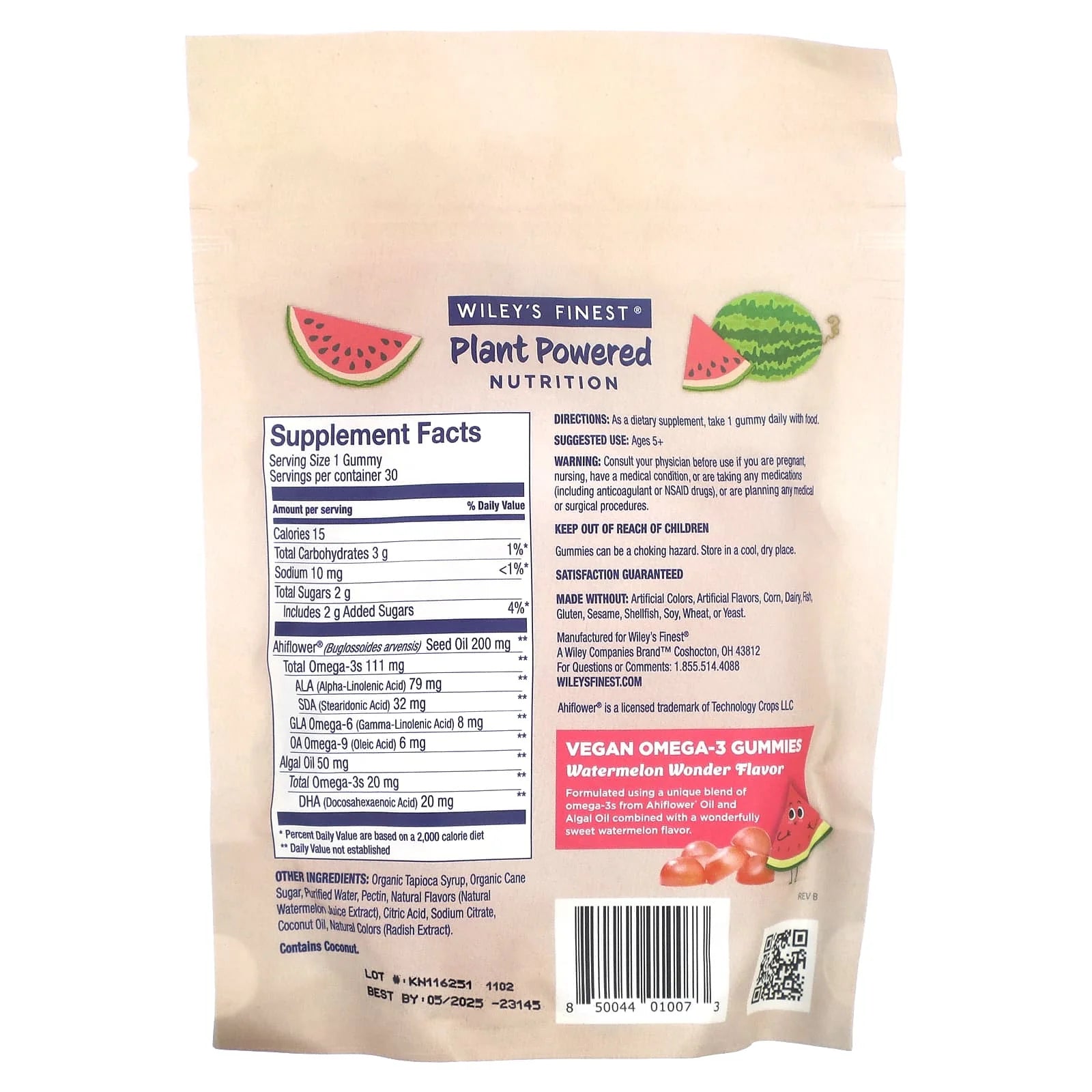 Wiley's Finest Vegan Omega-3 Gummies for Kids, Watermelon Wonder, 30ct