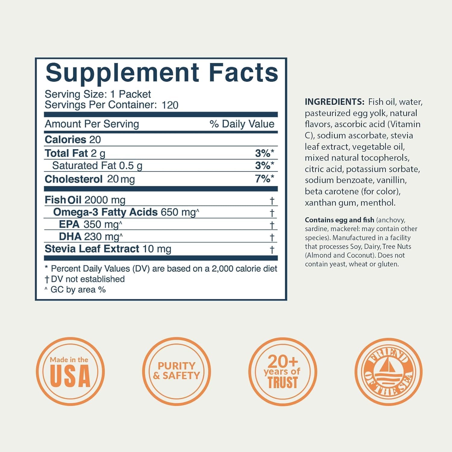 Coromega Omega-3 Squeeze Packets Orange 120 ct Supplement Facts