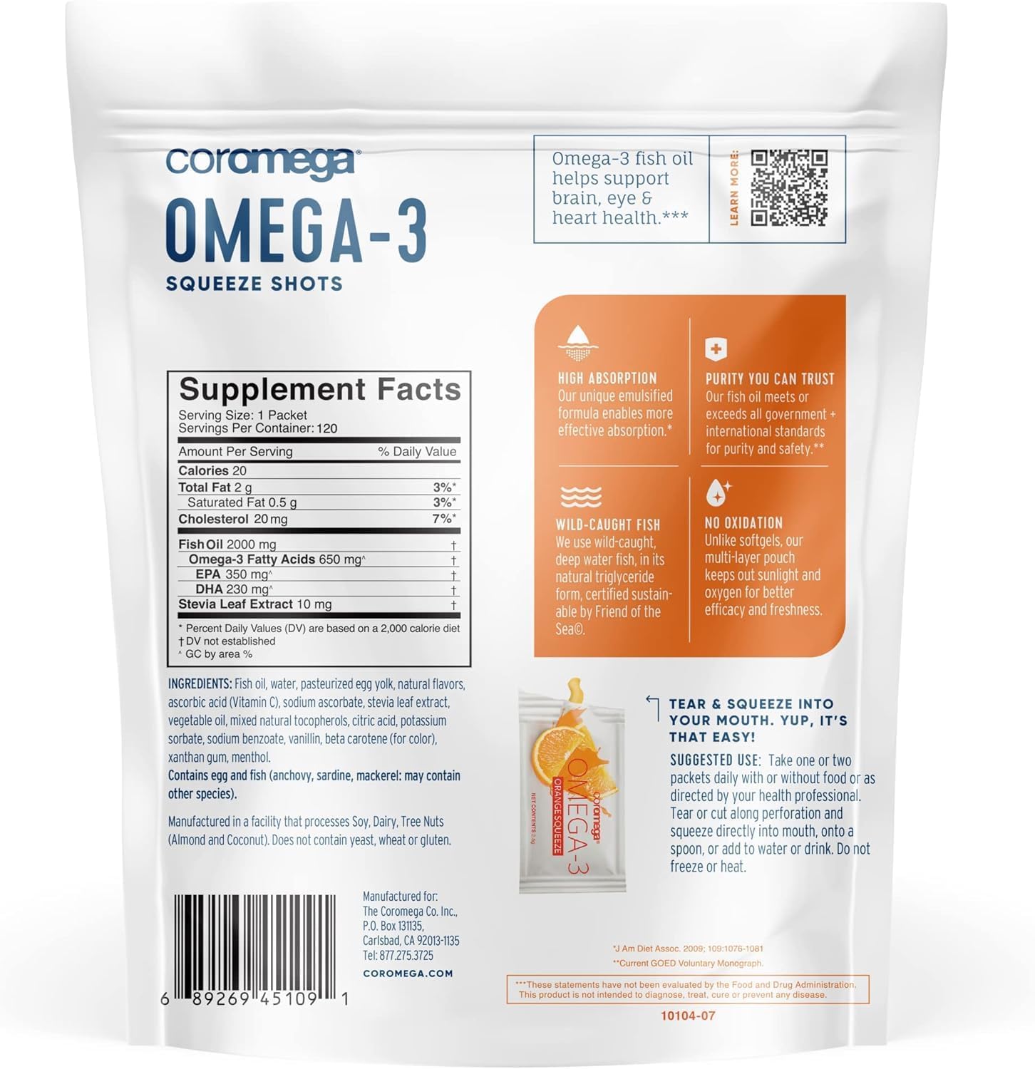 Coromega Omega-3 Squeeze Packets Orange 120 ct Back Packaging