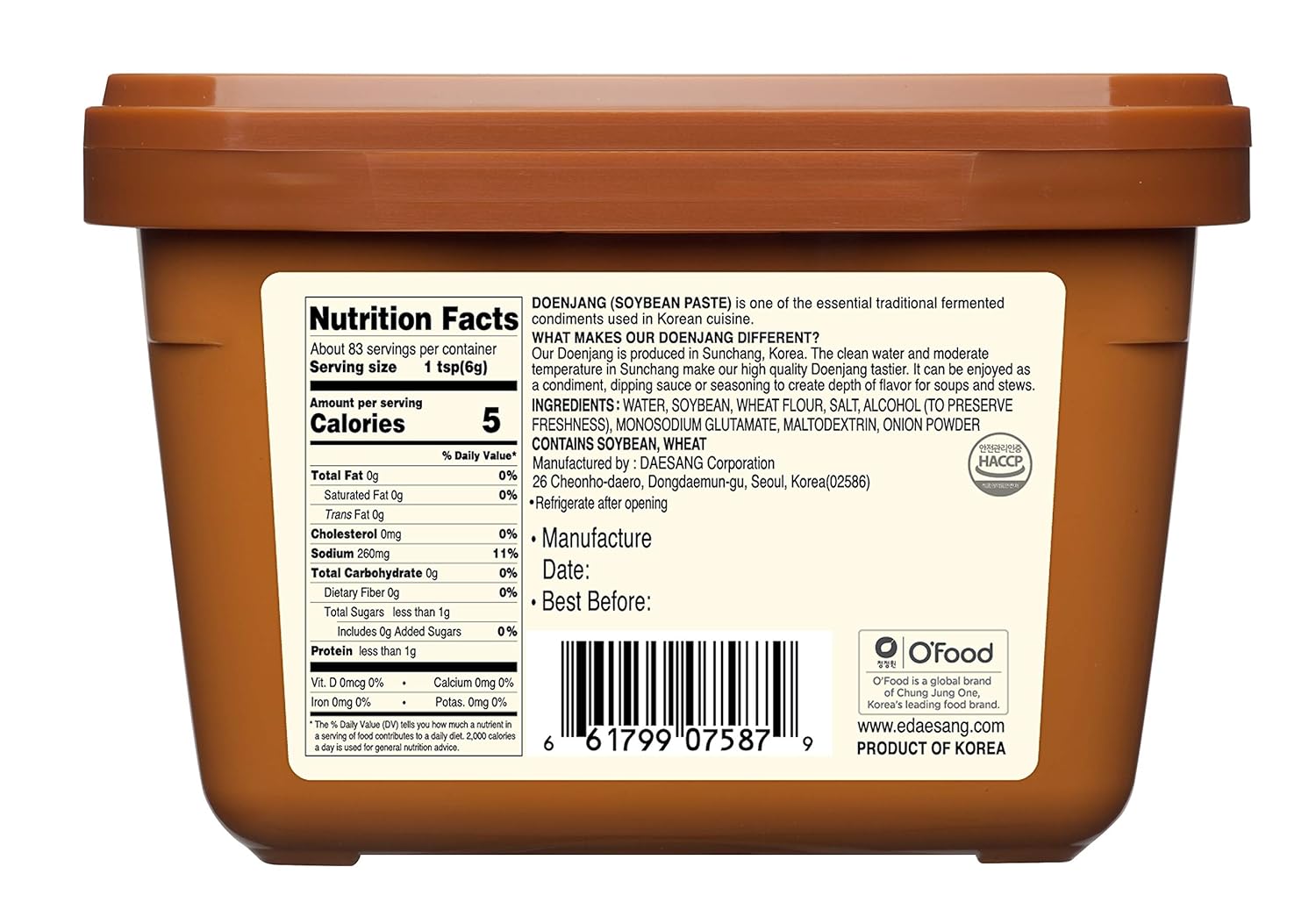 Chung Jung Soybean Paste Doenjag Nutrition Facts