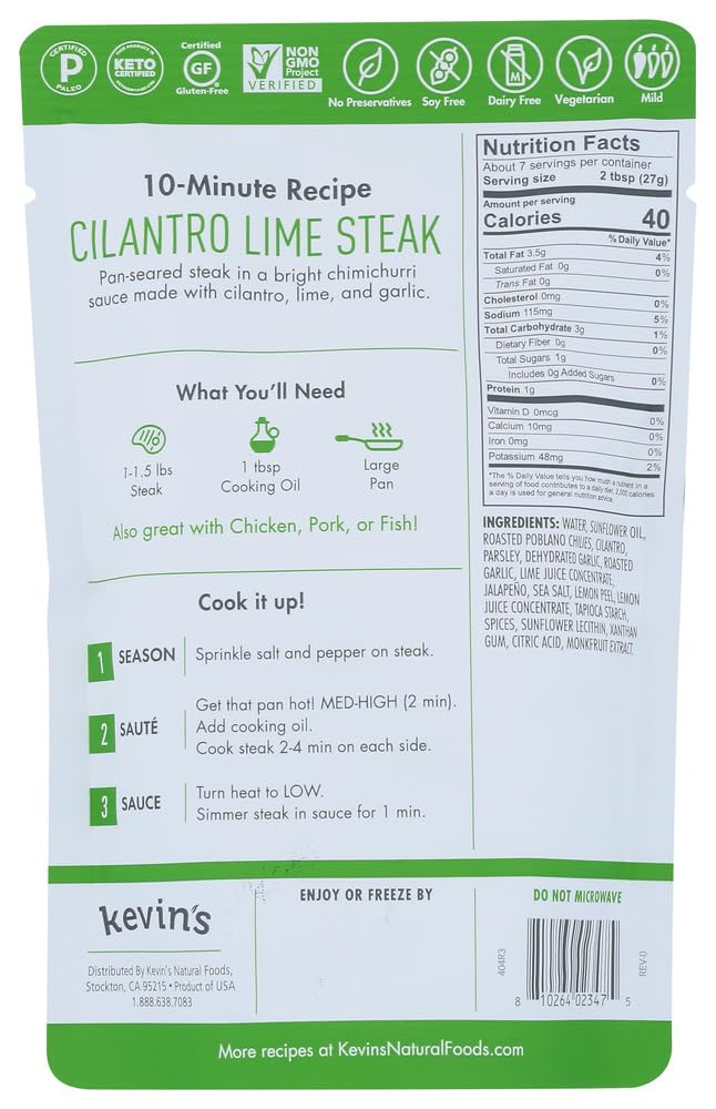 Kevins Natural Foods Sauce Cilantro Lime, 7 OZ. Packaging Back