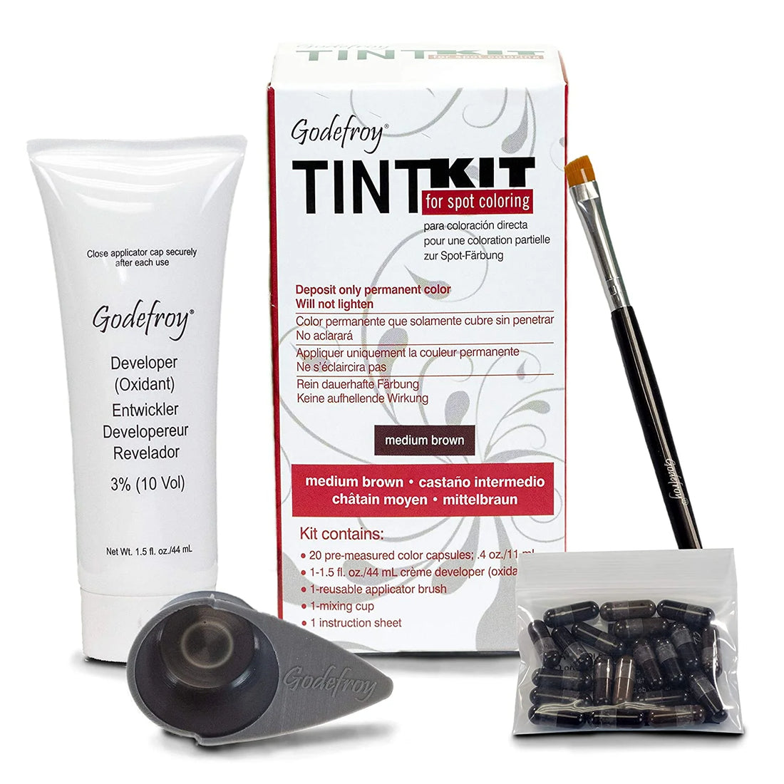 Godefroy Professional Hair Eyebrow Face Spot Coloring Tint Kit 20 Applications, Medium Brown