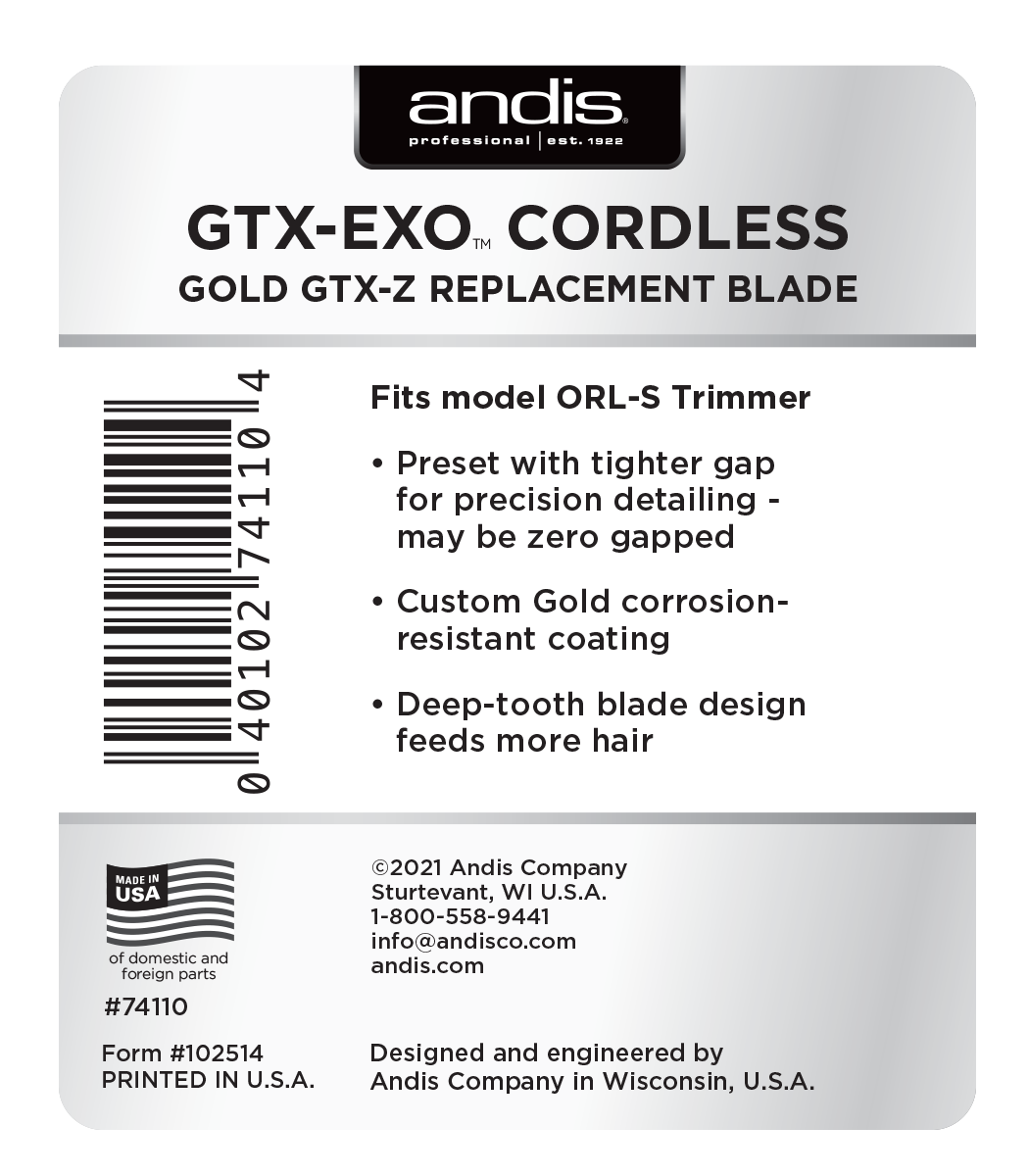 Andis 74110 GTX-EXO Cordless Gold GTX-Z Replacement Blade Back Packaging